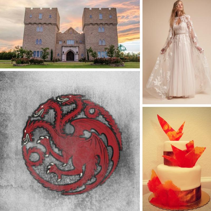 castle wedding venue three headed dragon emblem wedding dress with a lace cape white and gold wedding cake with orange sugar shards