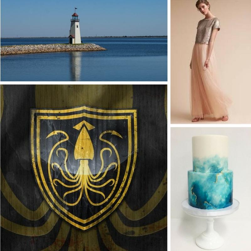lighthouse a squid emblem  model wearing shear pink pants with grey top geode wedding cake
