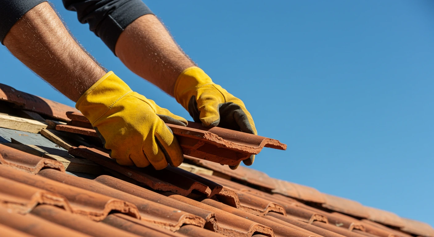 Shingle Roofer near me working on a two-story home in San Tan Valley