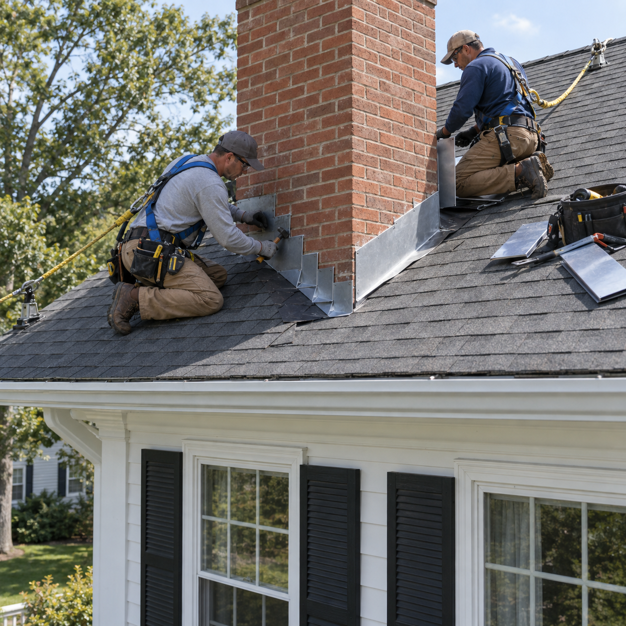 Roofers installing chimney flashing on a shingle roof in Phoenix, AZ