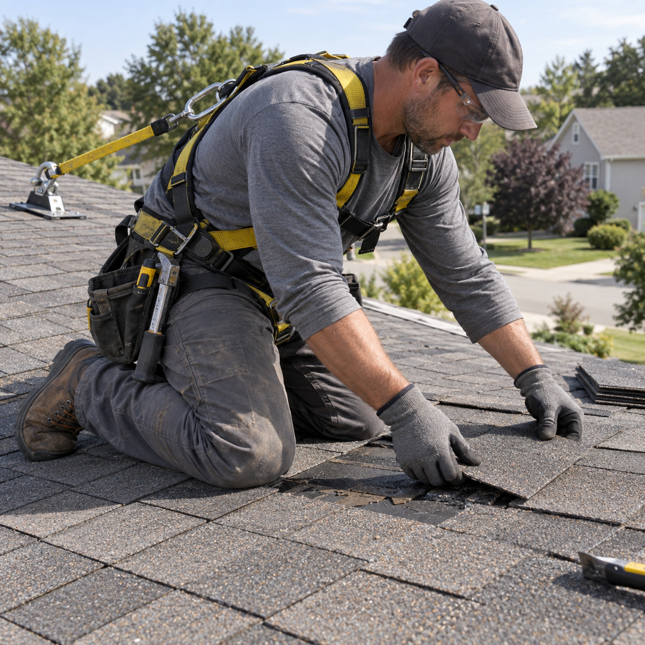 Roofer replacing asphalt shingles on a roof for roofing services near me