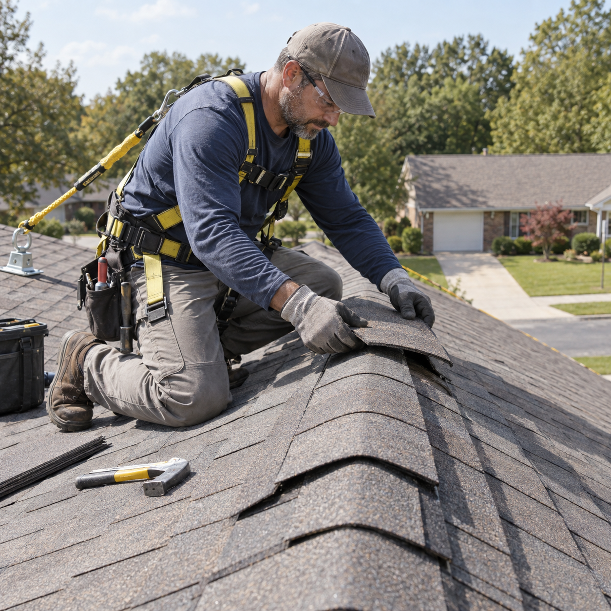 Roofer installing ridge cap shingles on a residential roof in Buckeye, AZ