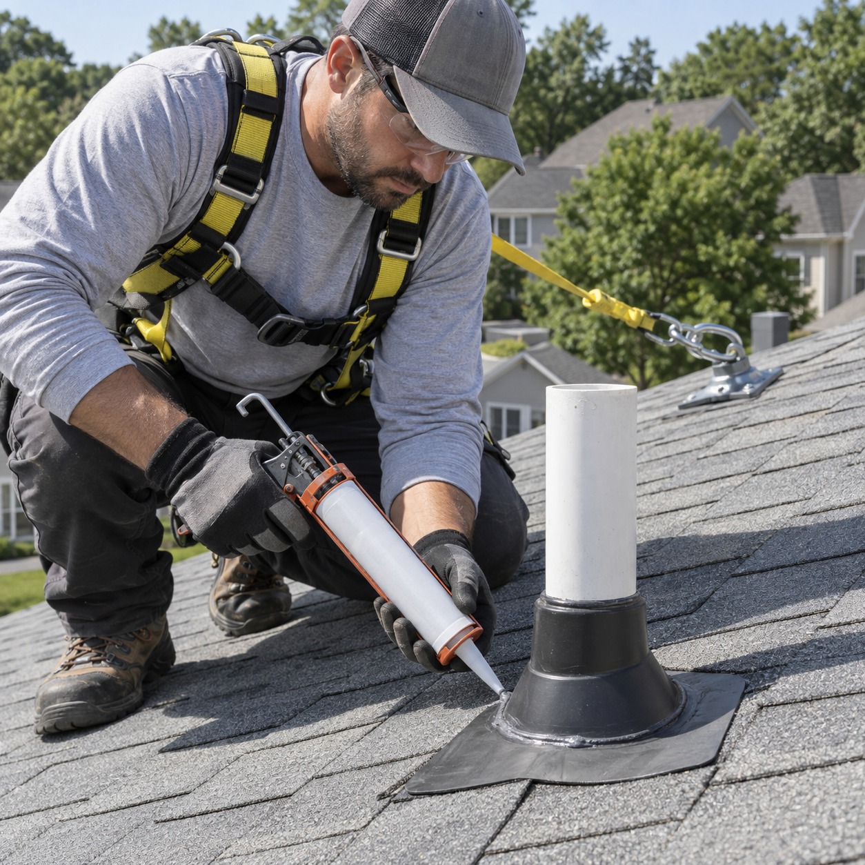 Roofer applying sealant around pipe flashing on a shingle roof for roofing services near me