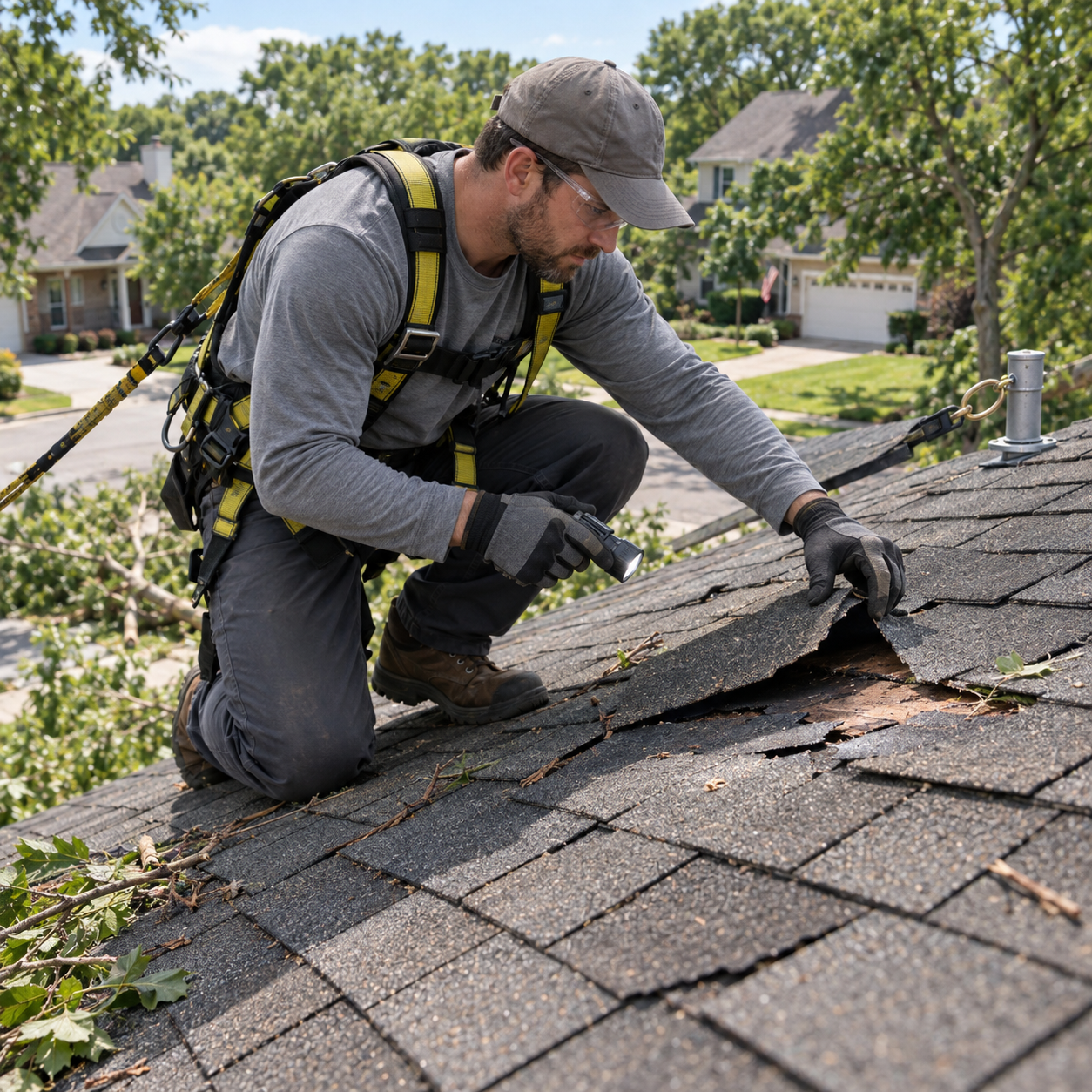 Roofer inspecting damaged asphalt shingles and exposed roof decking for roofing services near me