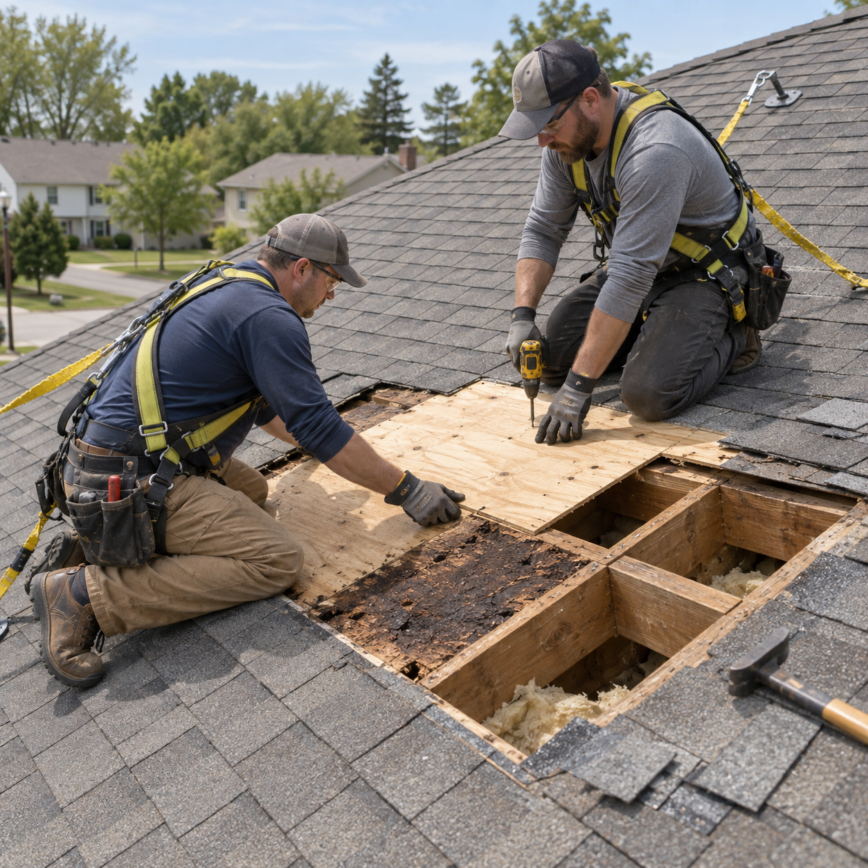 Roofers replacing damaged roof decking and asphalt shingles in Cave Creek, AZ