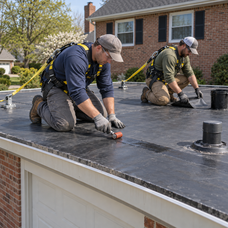 Roofers installing a flat roofing membrane on a commercial property in Scottsdale, AZ