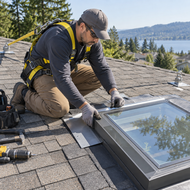 Roofer installing flashing around a skylight for roofing services near me