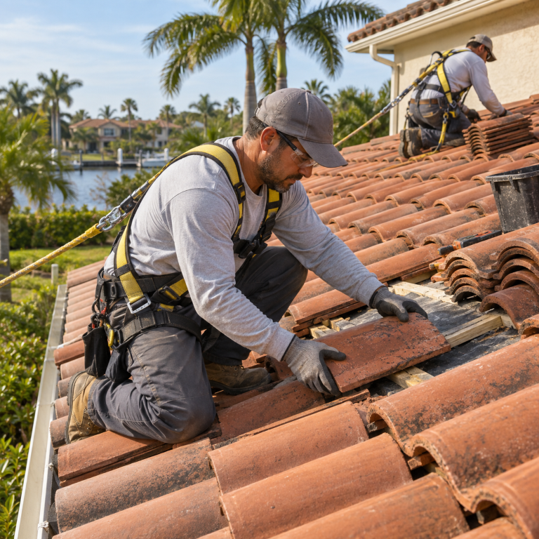 Roofers replacing clay roof tiles for roofing services near me