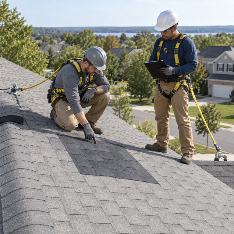 Roofing professionals inspecting asphalt shingles for roof installation services near me