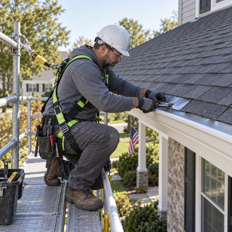Roofer installing metal flashing along a shingle roof edge in Tempe, AZ