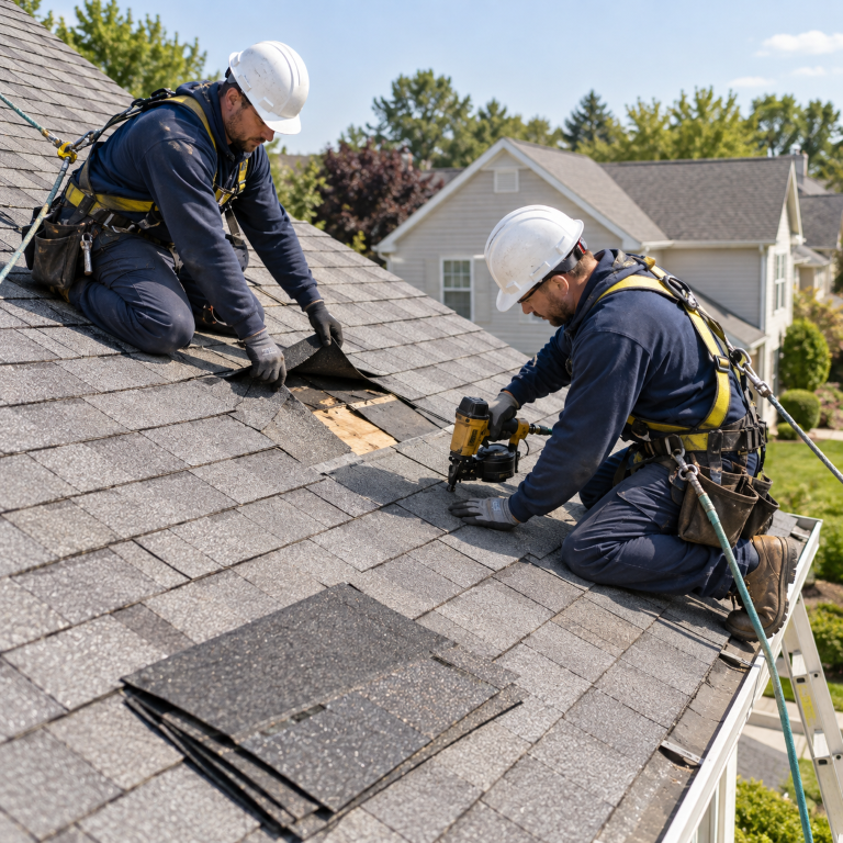 Roofers installing asphalt shingles during a roof installation in Paradise Valley, AZ