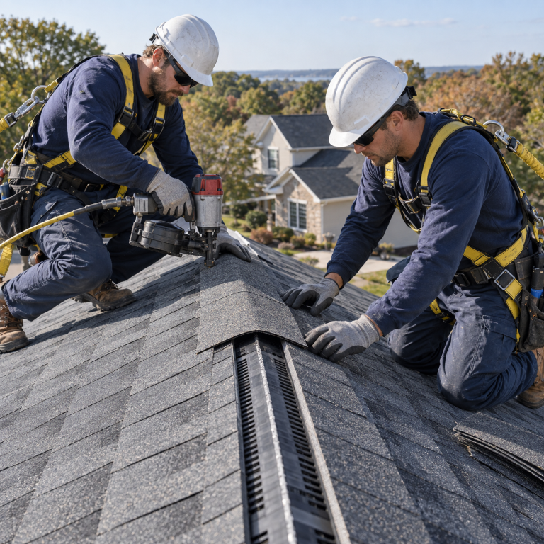 Roofers installing ridge vent shingles during roof installation services near me