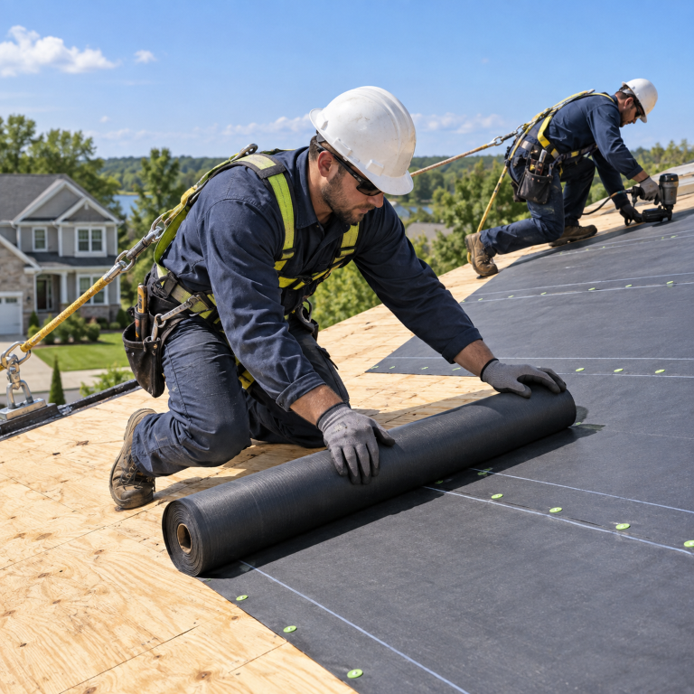 Roofers installing roofing underlayment during a roof installation in Maricopa, AZ