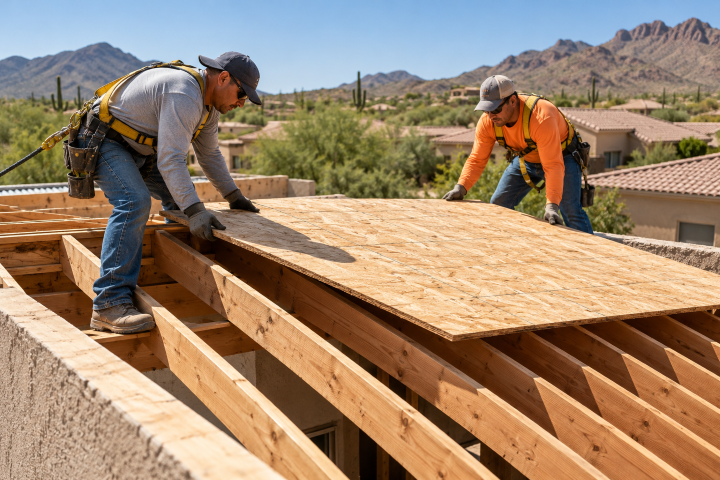 Two roofing technicians positioning a plywood roof decking panel over exposed wooden rafters during roof installation services in Glendale, AZ.