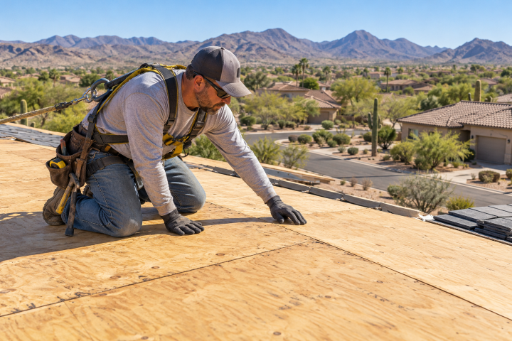 Roofing technician inspecting newly installed plywood roof decking on a residential property during roof installation services near me.