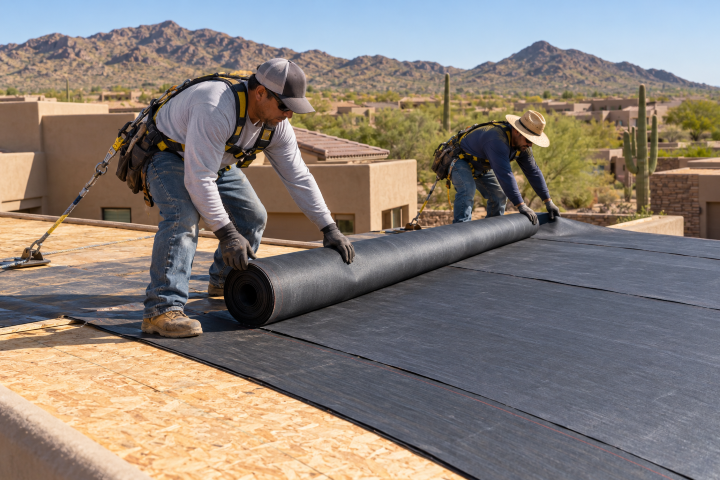 Two roofing technicians rolling out black roofing underlayment over a plywood roof deck during roof installation services in Buckeye, AZ.