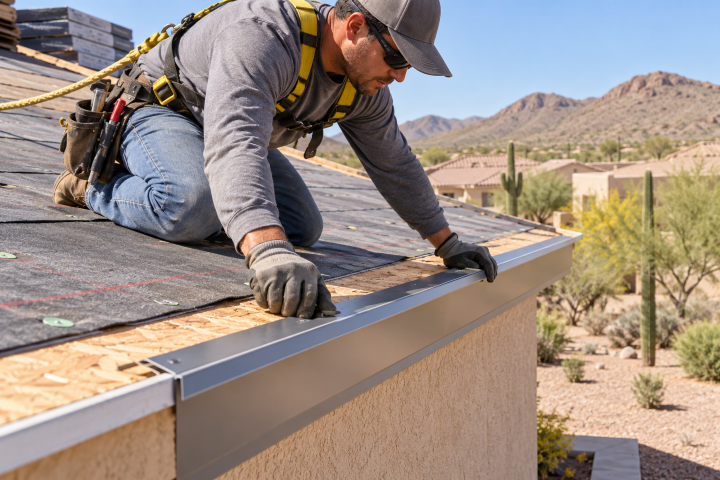 Roofing technician wearing safety gear positioning metal drip edge flashing along the edge of a roof deck during roof installation services near me.