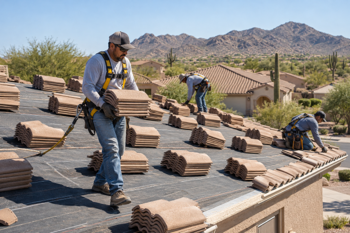 Roofing technician wearing safety gear positioning metal drip edge flashing along a plywood roof deck during roof installation services near me.
