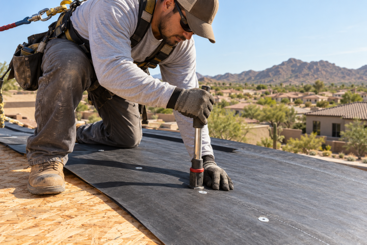 Roofing technician wearing safety gear fastening black roofing underlayment to a roof deck during roof installation services in Wittmann, AZ.