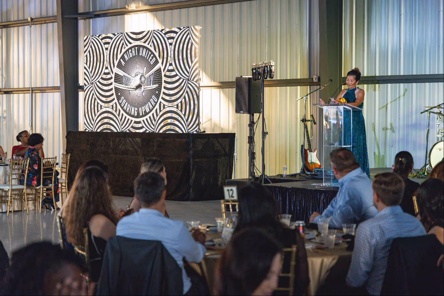 Indoor hangar venue in San Diego set up for a special event.