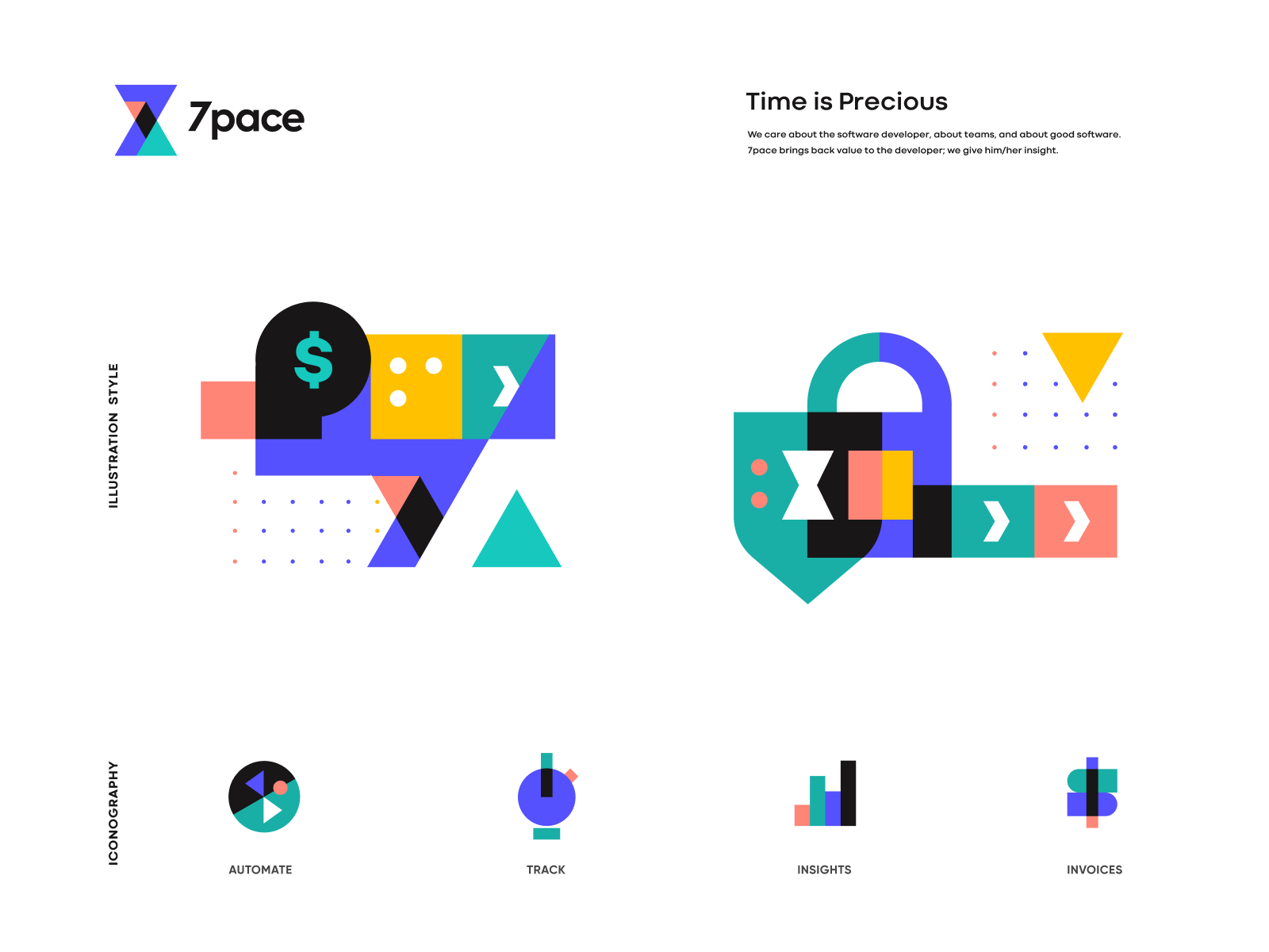 Branding examples showing refined logo system and consistent color palette applications