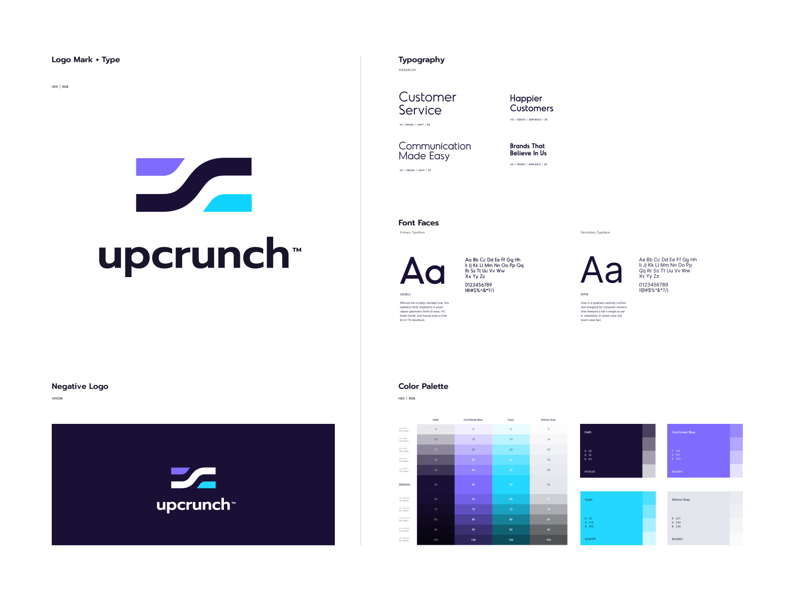 Two logo concept directions shown at the exploration stage: one geometric, one typographic, each with a brief rationale note and preliminary color palette