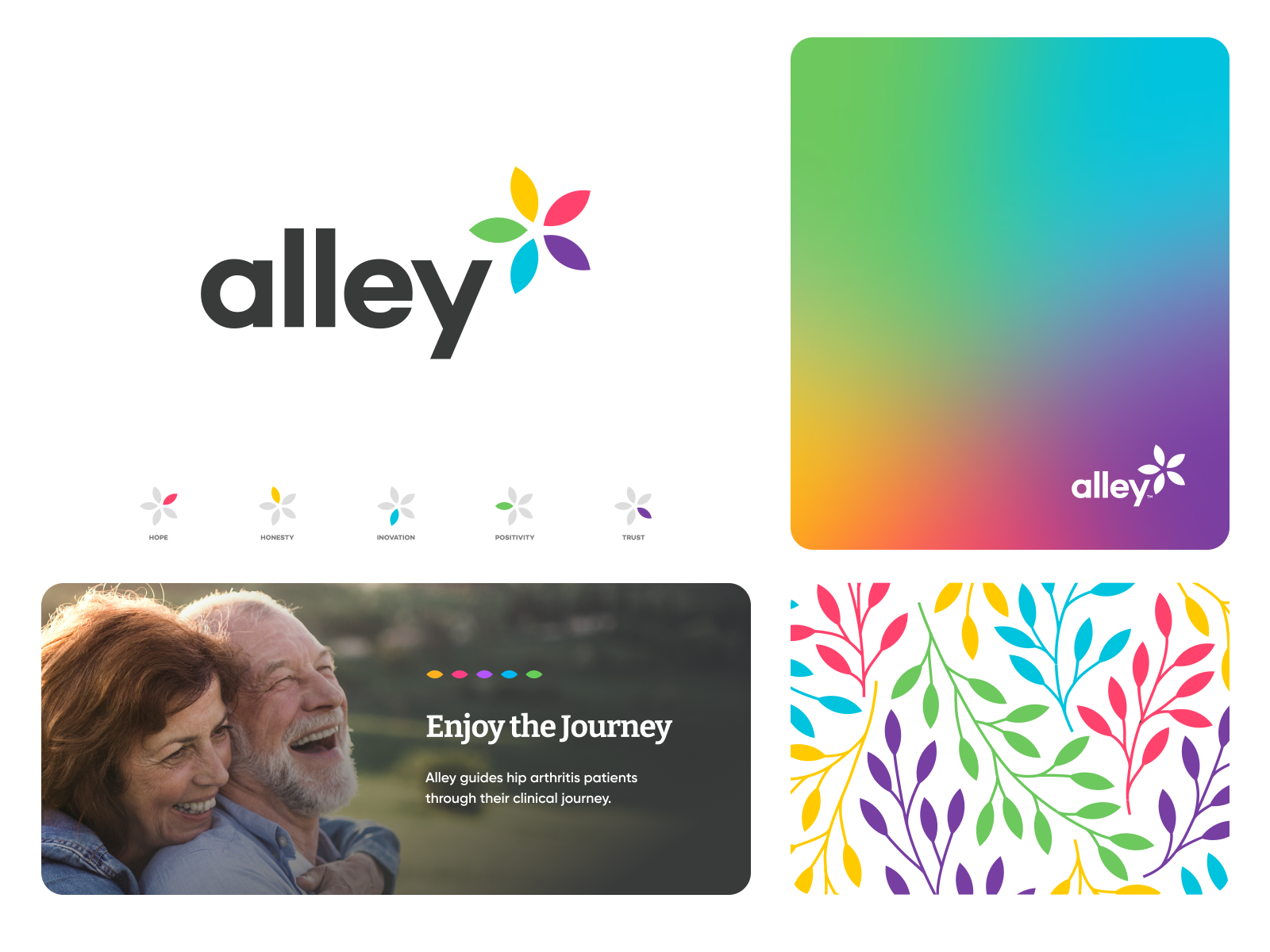 Split view showing a one-page brand strategy brief on the left and corresponding logo system and color palette on the right, illustrating how strategy grounds design decisions