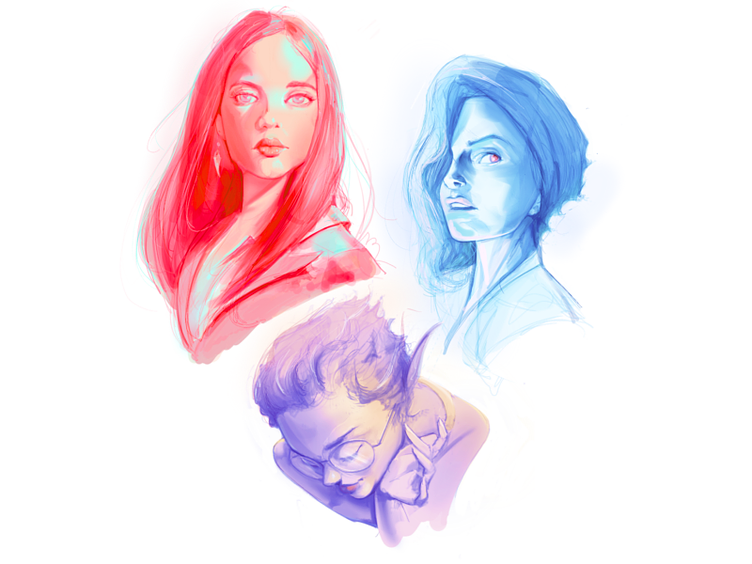 Watercolor portrait trio showing expressive, human illustration style