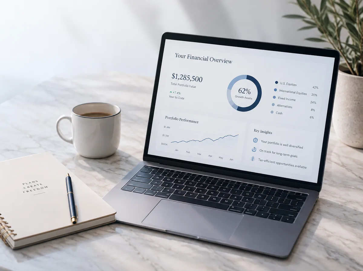 Laptop displaying a financial overview on a bright desk with a notebook and coffee