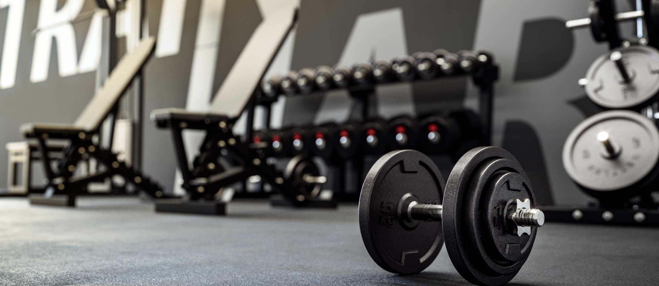 Free weights and dumbbells in a gym studio