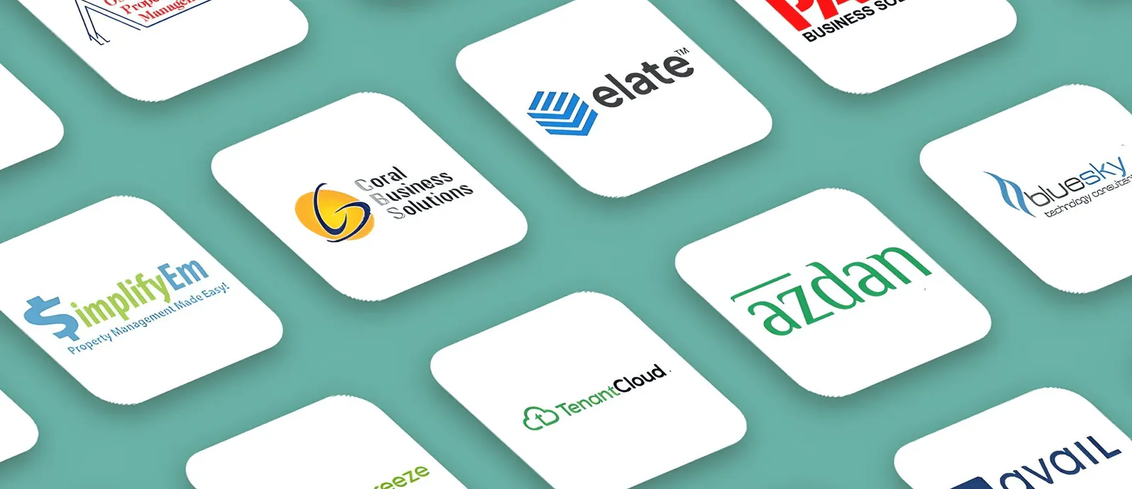 Icons of various real estate management software applications on a teal background, showcasing top options in Dubai for 2025