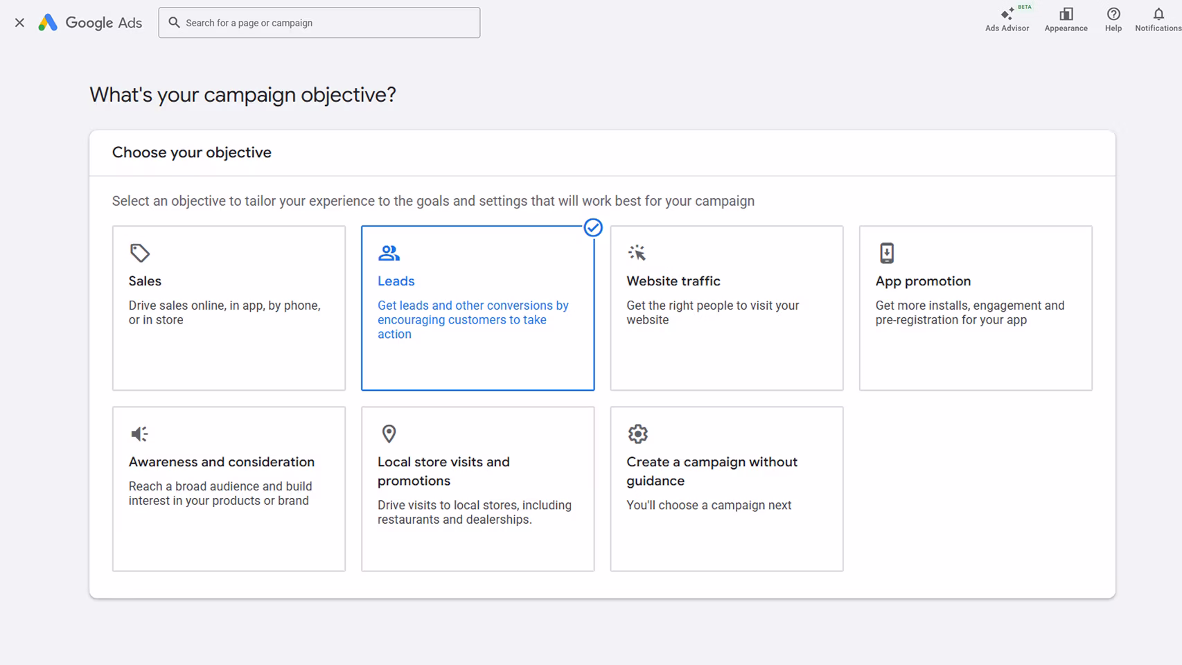 Campaign objectives types Google Ads