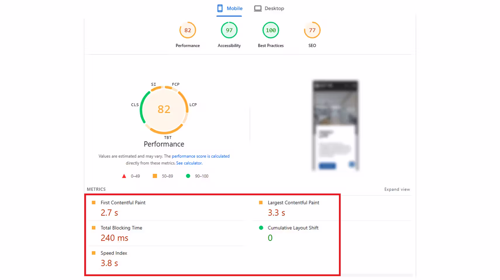mobile version PageSpeed Insights.
