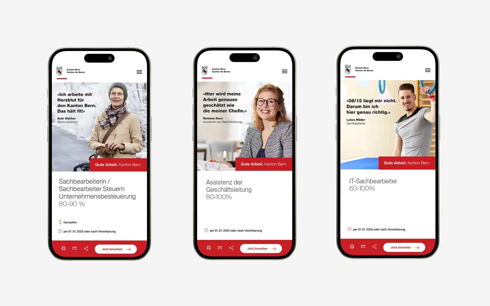 Drei Smartphones zeigen Jobanzeigen des Kantons Bern mit Porträts von Mitarbeitenden und deren Zitaten zur Wertschätzung der Arbeit. Das entwickelte Employer-Brand im Einsatz.