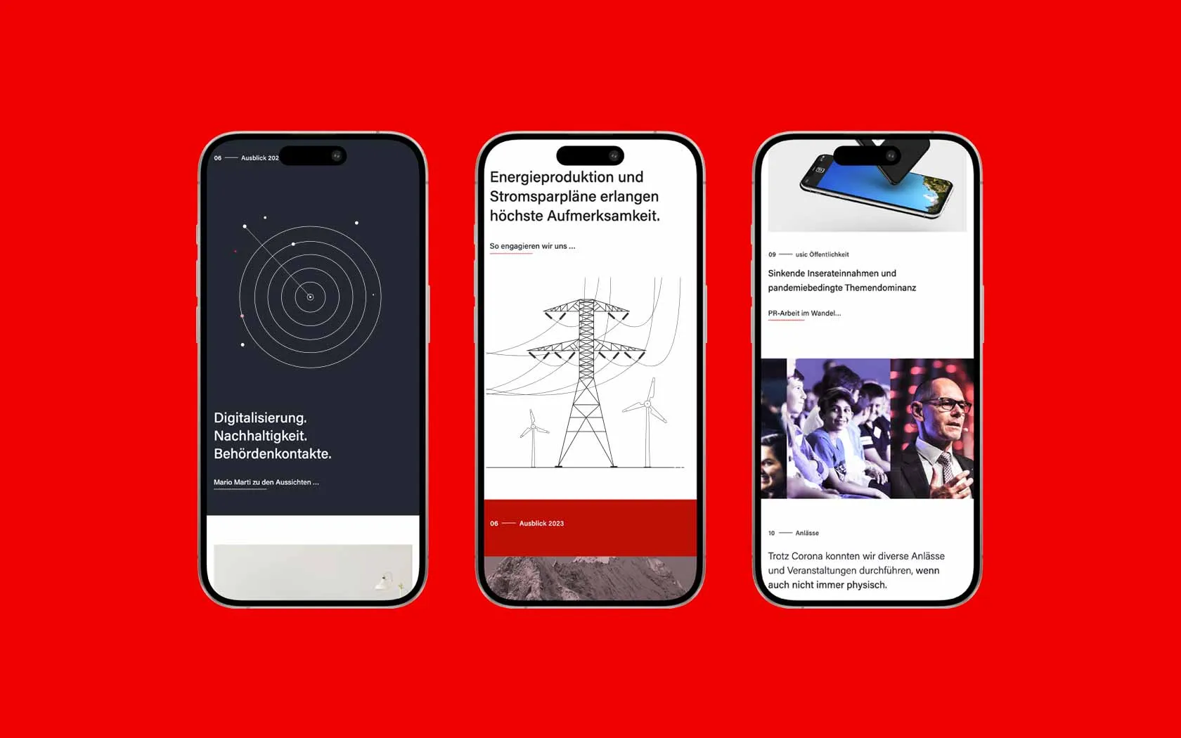 Drei Smartphones zeigen den Jahresbericht im responsiven Design