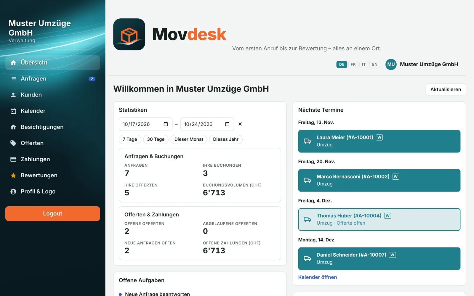 Movdesk Dashboard mit Statistiken und nächsten Terminen