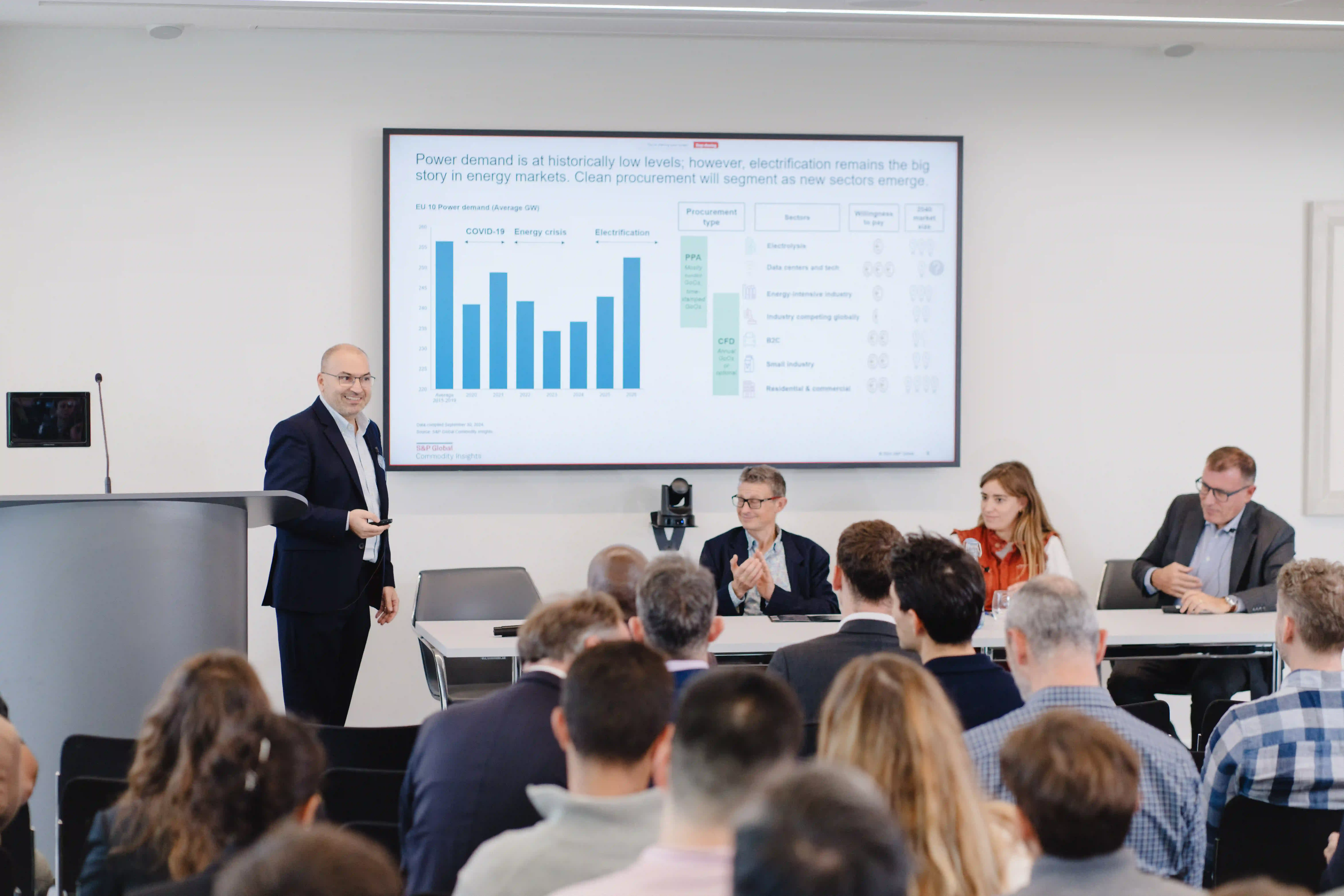 Bruno Brunetti presenting an S&P Global slide on EU power demand to a full room at Renewabl Day 2024 in London.