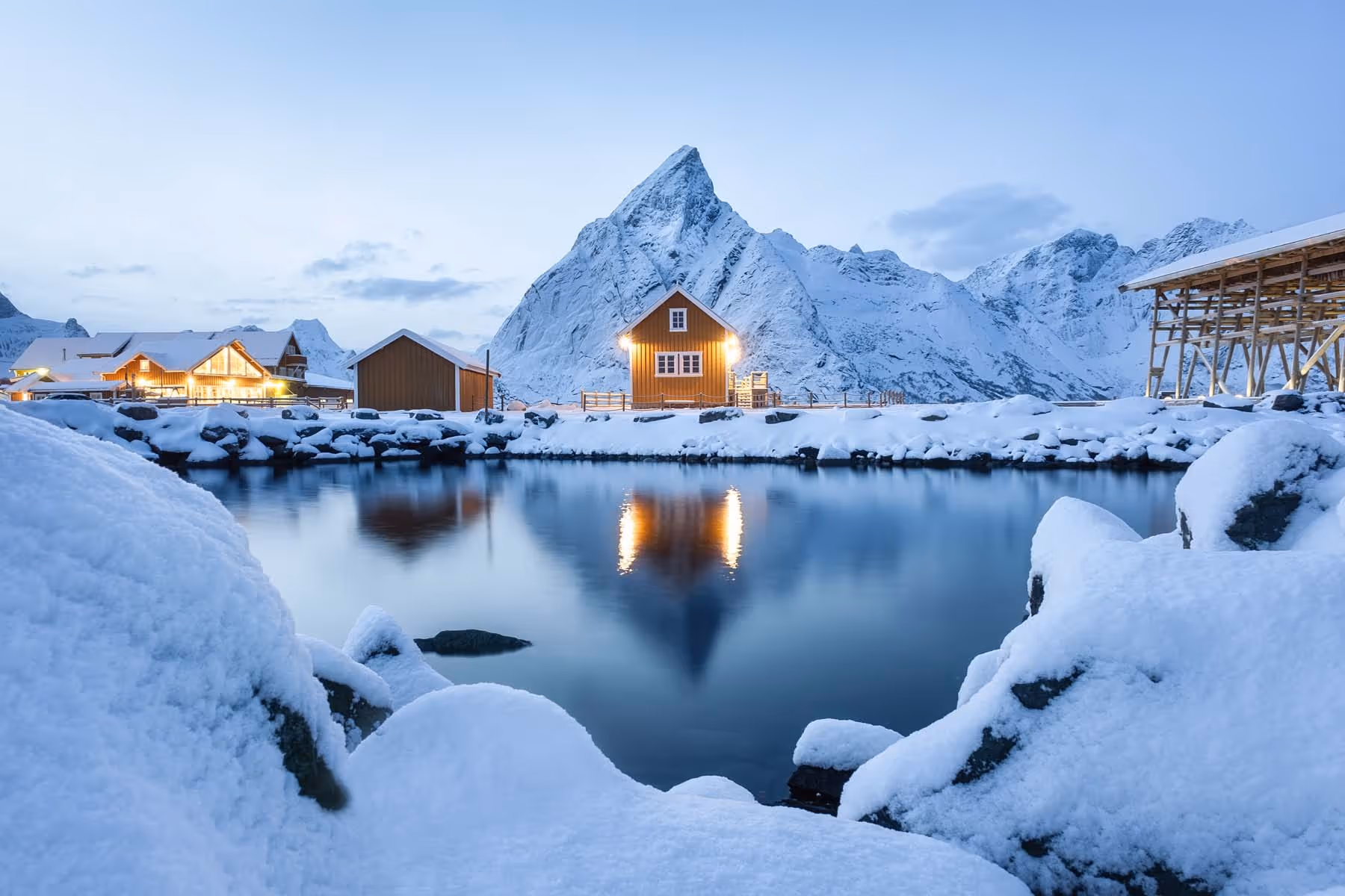 Yellow house in Lofoten in winter