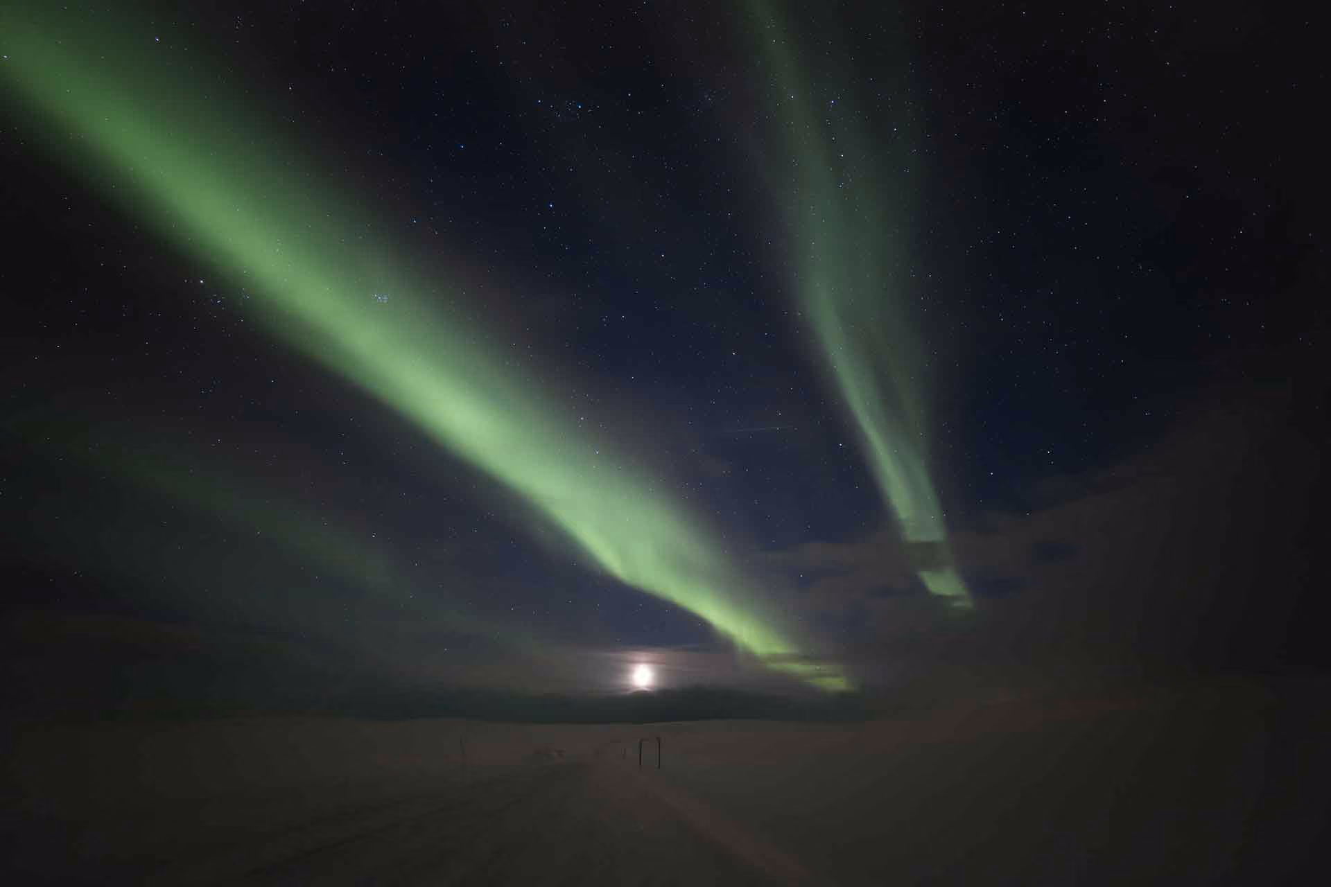 Night sky with green northern lights and stars over a snowy landscape with a bright moon.