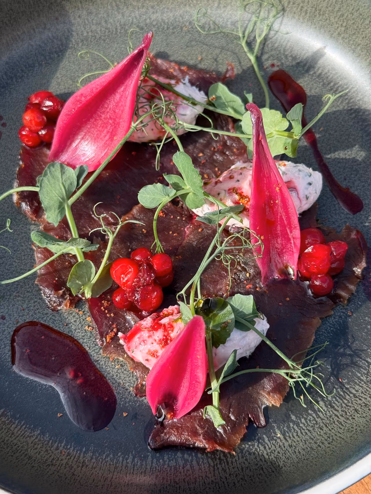 Fine dining plate featuring thin slices of dark cured meat topped with dollops of creamy white cheese, bright red berry clusters, vibrant pink edible flower petals, green pea shoots, and a dark red sauce drizzle on a textured dark green plate.