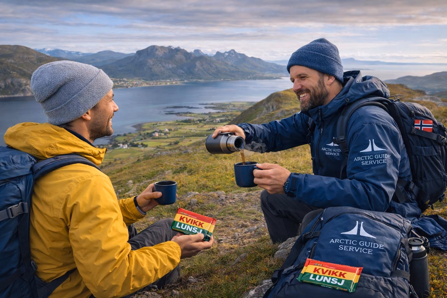 Two hikers sharing coffee and Kvikk Lunsj chocolate on a mountain with fjord and peaks view.