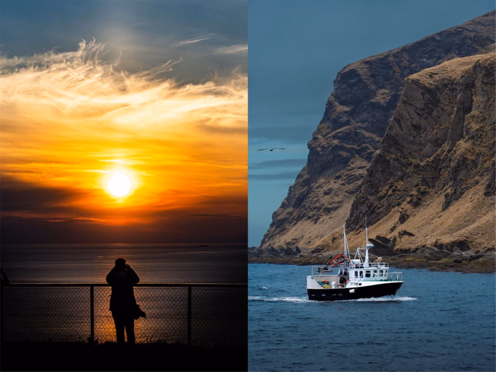 Split image with a silhouette of a person taking a photo at sunset over the ocean on the left and a fishing boat sailing near a rocky cliff under a cloudy sky on the right.