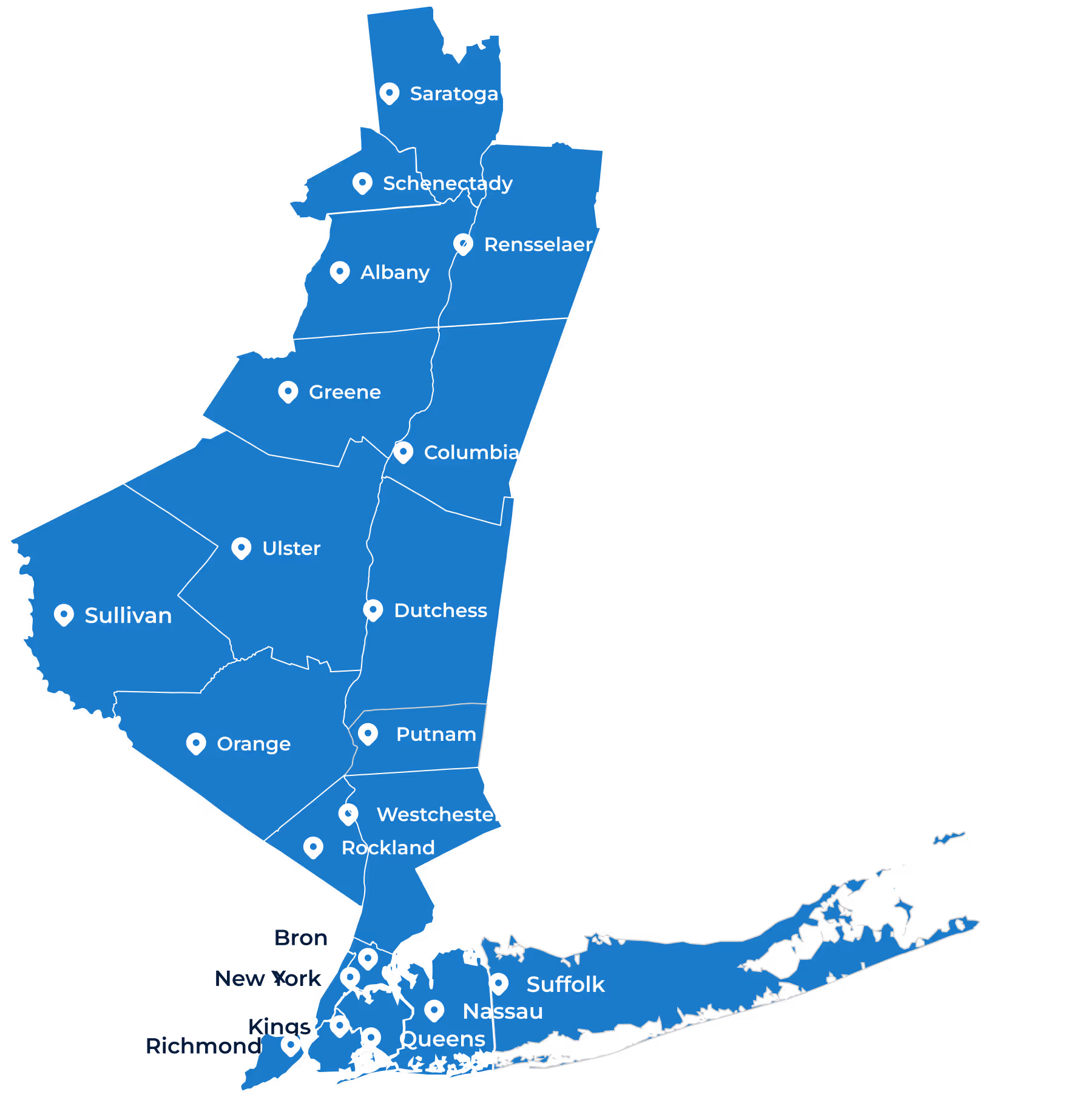 Map of New York counties including Greene, Columbia, Ulster, Dutchess, Sullivan, Orange, Putnam, Westchester, Rockland, Suffolk, Nassau, Queens, Kings, Richmond, Bronx, and New York.