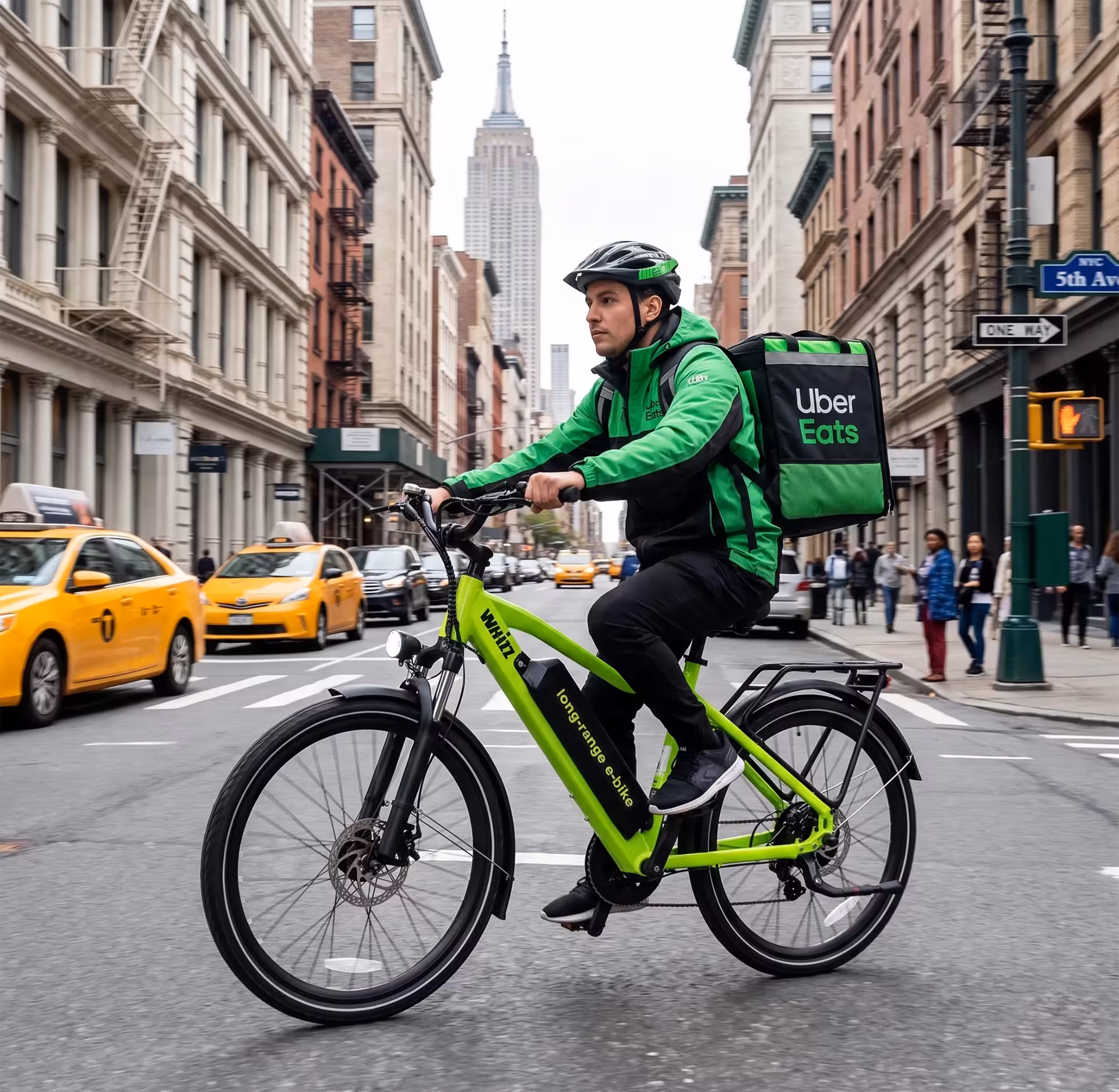 Un coursier portant un casque de vélo et une veste rouge DoorDash roule sur un vélo électrique Whizz vert fluo éclatant dans une rue animée de New York. Le coursier porte un sac à dos isotherme DoorDash rouge assorti. Des taxis jaunes, des immeubles en briques urbains et l'Empire State Building sont visibles en arrière-plan sous un ciel dégagé.