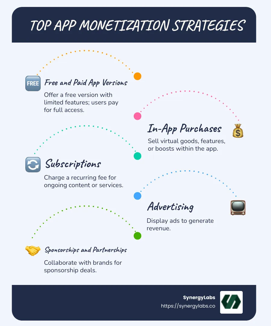 Detailed infographic describing various app monetization strategies, including free and paid app versions, in-app purchases, subscriptions, advertising, and partnerships, with brief explanations of each method, their advantages, and potential drawbacks. - app monetization strategies infographic infographic-line-5-steps-blues-accent_colors