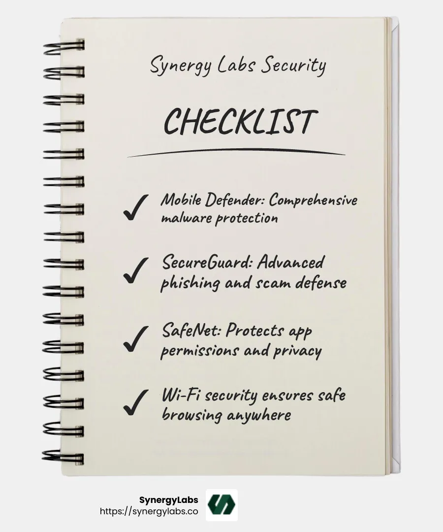Mobile security infographic detailing features of Synergy Labs solutions, including Mobile Defender, SecureGuard, and SafeNet - mobile security software infographic checklist-notebook Mobile security infographic detailing features of Synergy Labs solutions, including Mobile Defender, SecureGuard, and SafeNet - mobile security software infographic checklist-notebook