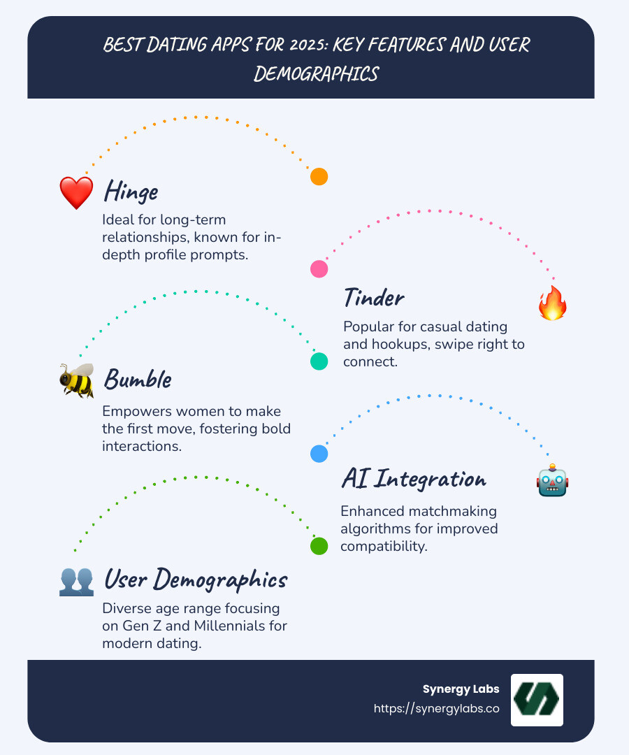Infographic of Best Dating Apps for 2026: Key Features and User Demographics of Hinge, Tinder, Bumble, detailed comparison of app benefits and target audience - best dating apps for 2026 infographic infographic-line-5-steps-blues-accent_colors