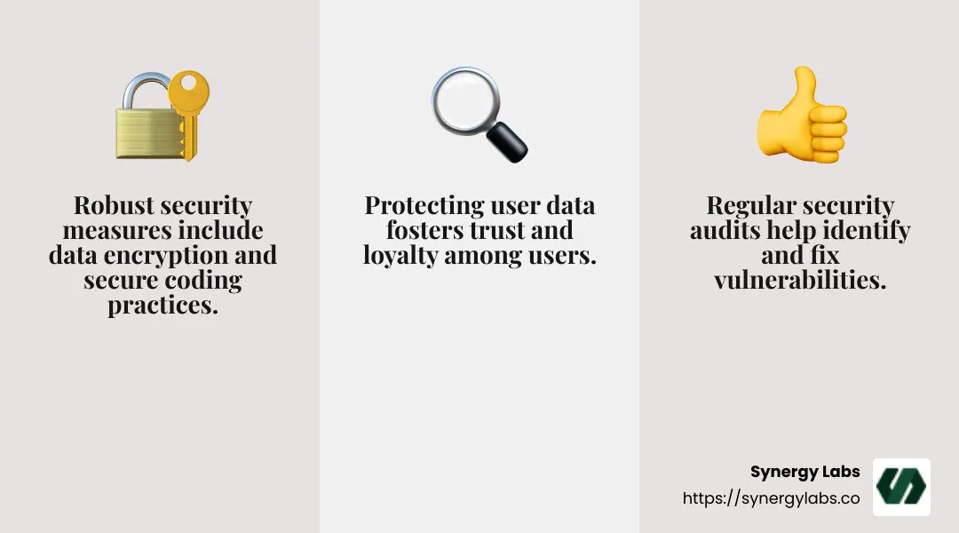 Robust security practices are crucial for protecting user data and building trust. - top 10 mobile app development in new york infographic 3_facts_emoji_grey