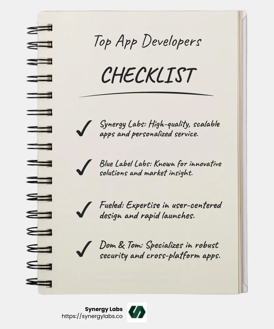 Infographic detailing the top mobile app development companies in New York, focusing on Synergy Labs' commitment to high-quality, scalable apps and personalized service, along with highlights from Blue Label Labs, Fueled, and Dom & Tom, showcasing their unique strengths and notable projects. - New York mobile app development infographic featuring Synergy Labs and peers - top 10 mobile app development in new york infographic checklist-notebook