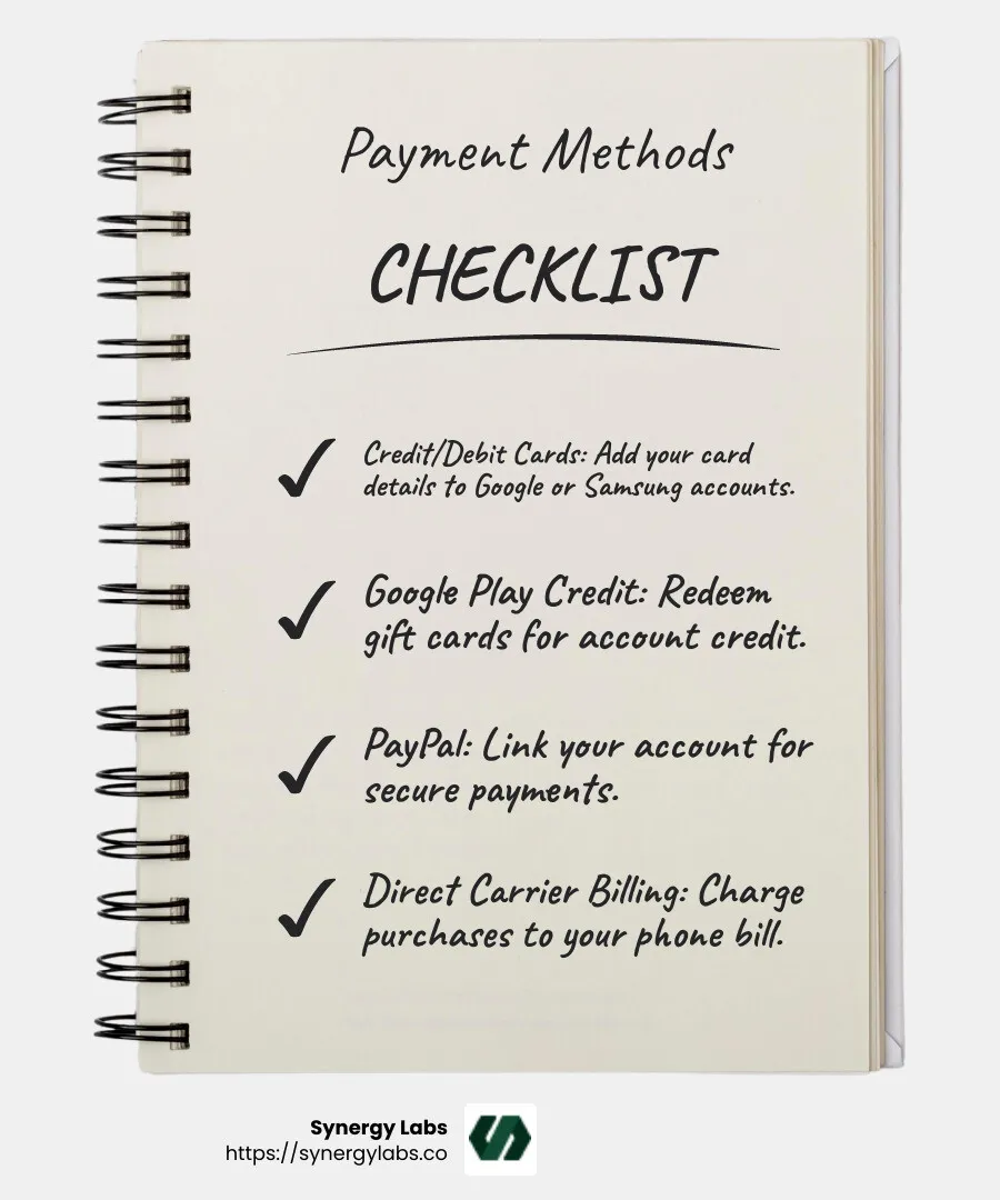 Payment Methods for Android Games - android games paid infographic checklist-notebook